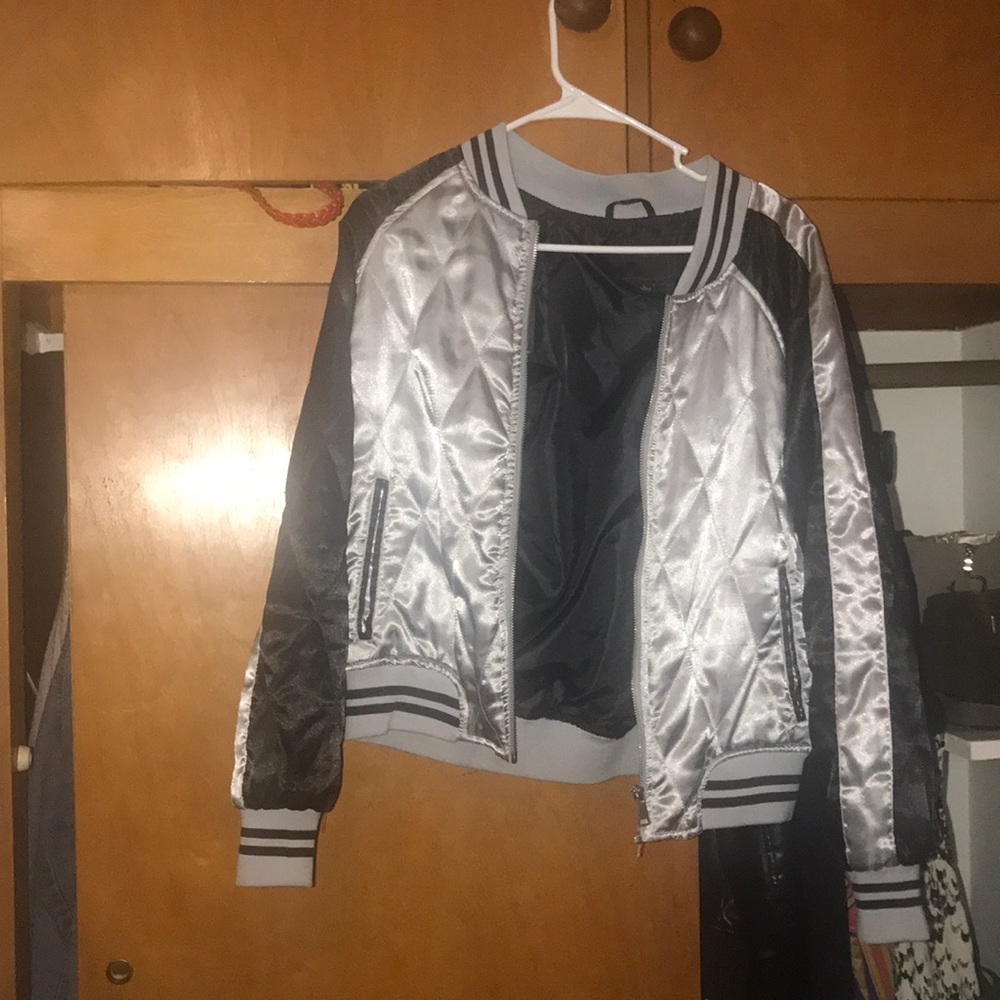 Black and silver satin bomber Jacket